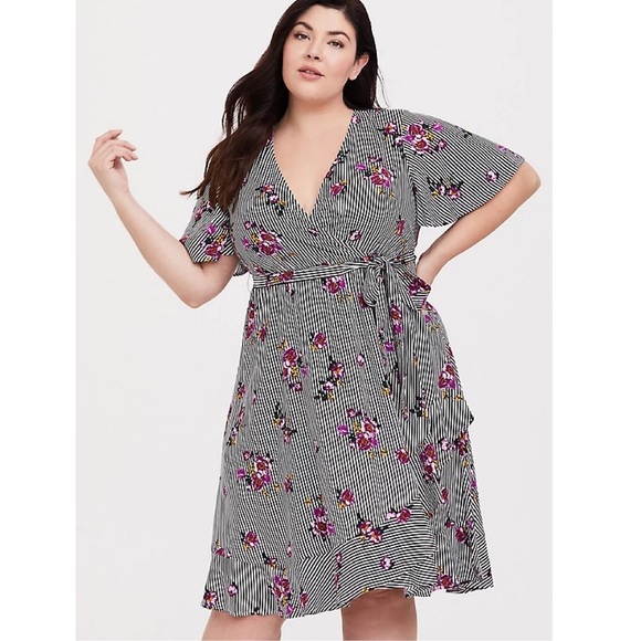 torrid Dresses & Skirts - Torrid Floral Stripe Challis Wrap Dress Size One